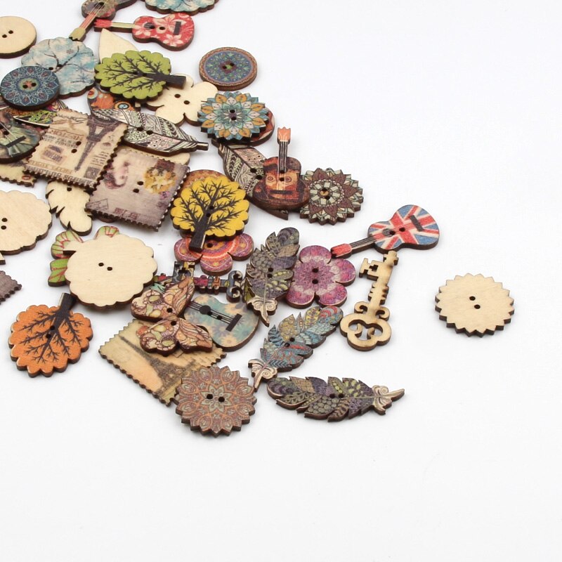 20pcs Mixed Retro Series Wooden Buttons For Clothing Sewing Decorative Needlework Scrapbooking Crafts DIY Accessories