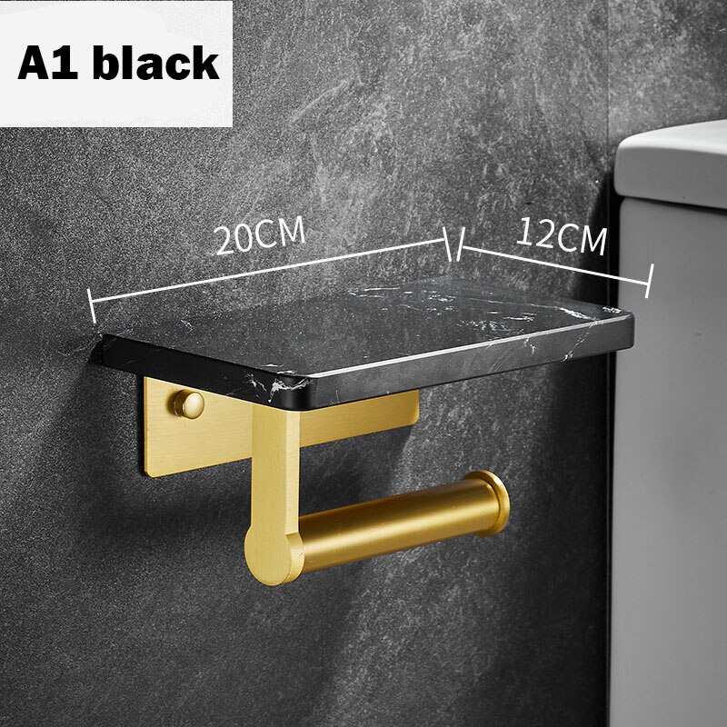 Porte-rouleau de papier essuie-tout en marbre doré, support mural de luxe pour téléphone portable, étagère de salle de bains, porte-papier toilette: Black A1