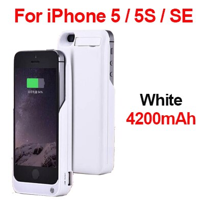 Leioua-cargador de batería externo portátil, funda de carga de batería para iPhone 5 5S SE, 4200mAh: White