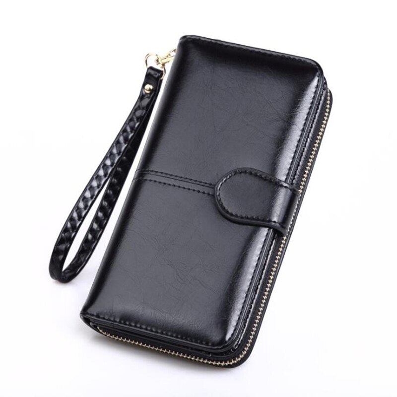 Leather Women Long Zipper Oil Wax Wallet Big Capacity Hasp Zipper Purse Ladies Long Wristlet Clutch Coin Card Holders Portomonee: black