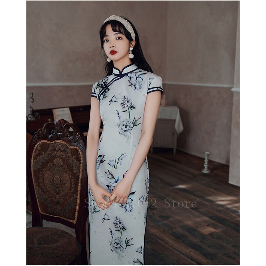 Vestido Qipao Oriental para mujer, ropa tradicional china, Estilo Delgado, Cheongsams abiertos para mujer, Vestido de seda con estampado Floral para mujer