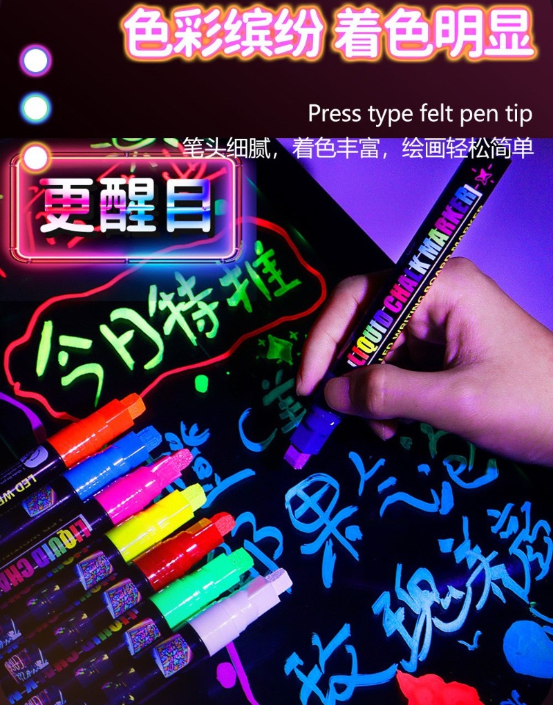 UV-fluoreszierende Neon--Kreidemarker, umkehrbare Flüssigkreidestifte, nasse, löschbare Menütafeln, Glas-Whiteboards, fluoreszierende Tafel