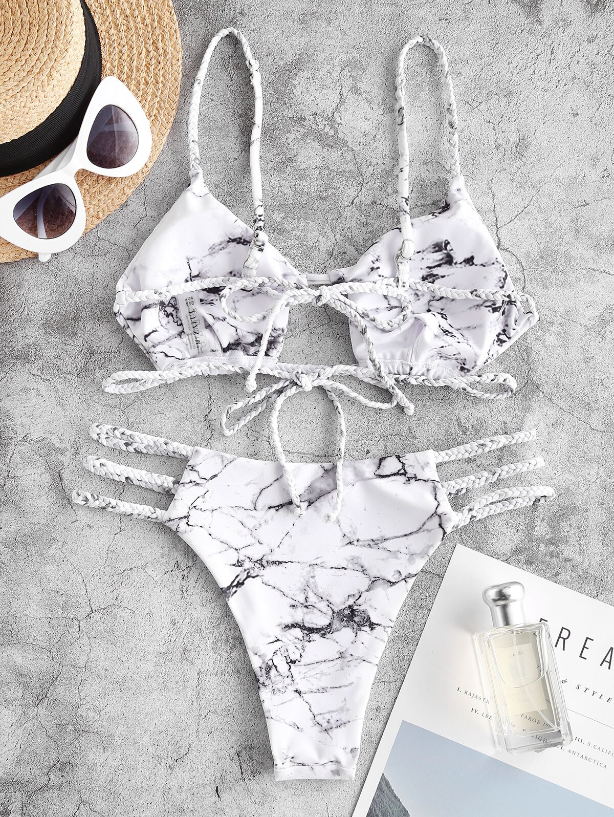 Saful – Bikini imprimé marbre, maillot de bain tressé, bretelles, découpe