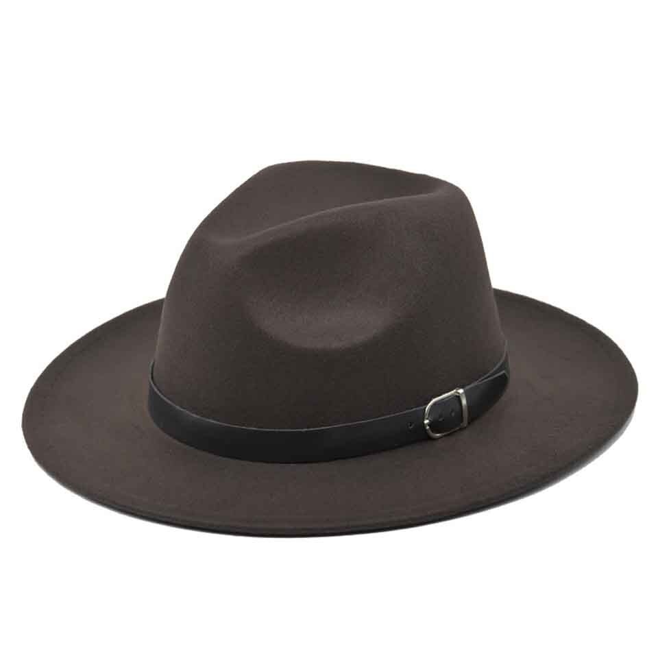 Klassieke Britse Fedora Hoed Brede Rand 8Cm Mannen Vrouwen Imitatie Wollen Winter Vilten Hoeden Mode Jazz Hoed Met Zwarte lederen Gesp: C0200-67