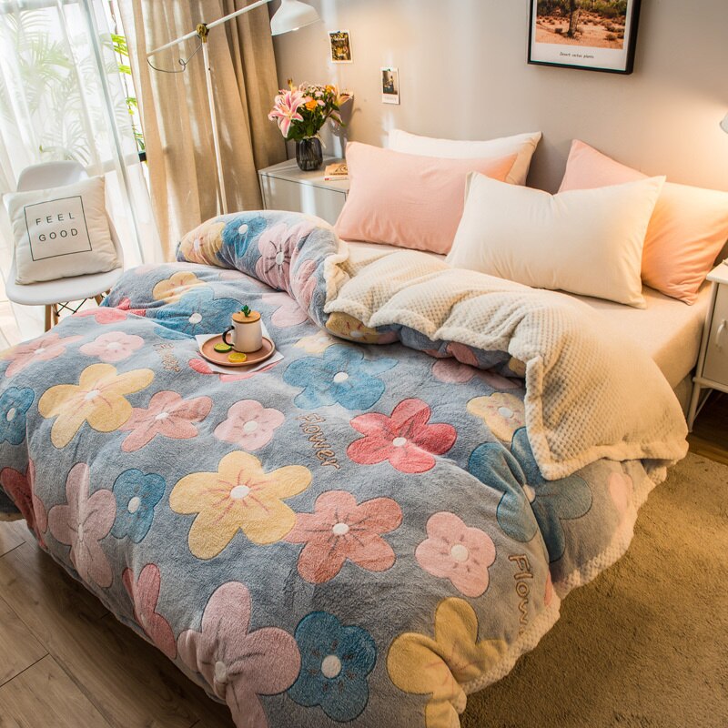 Winter Warm Thicken Fleece Flannel Duvet Cover Cartoon Flower Dog Avocado Pattern Adult Kid Comforter Cover Bedding Home Decor