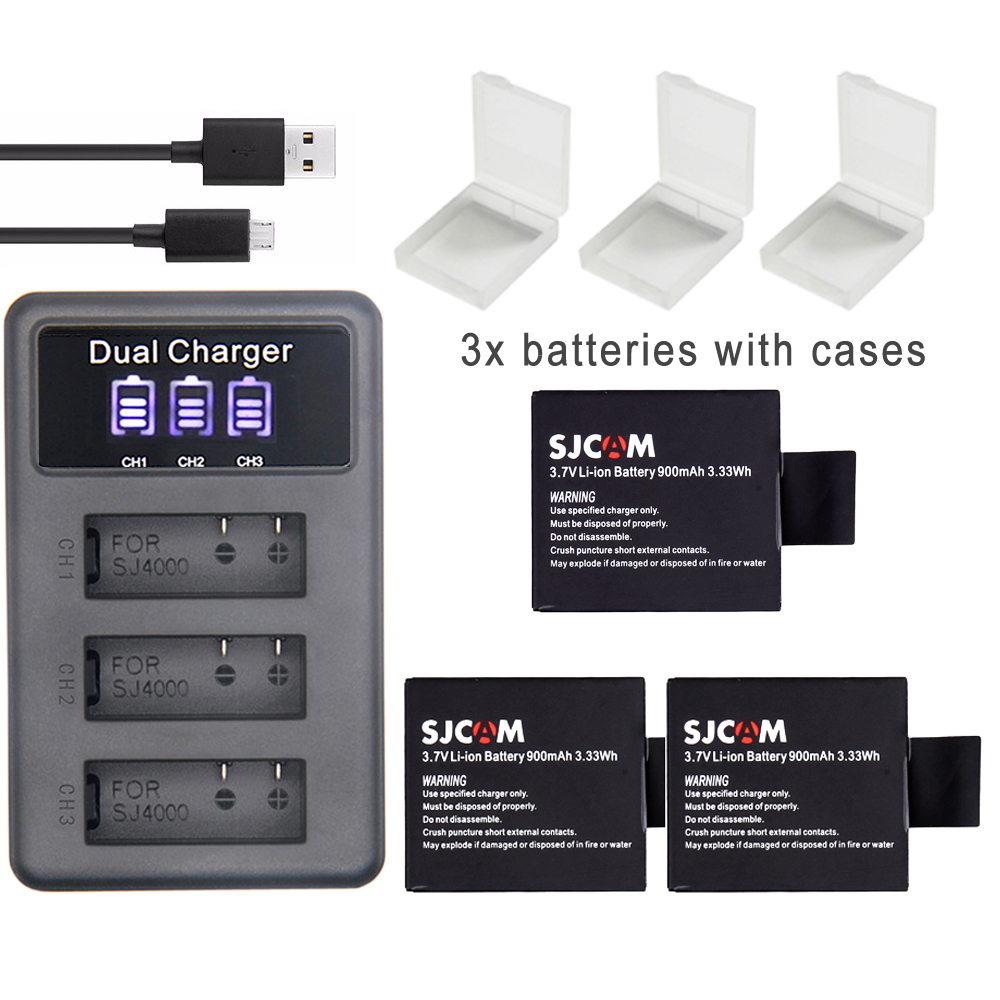 Batería S009 original SJ 4000 eken H9 SJ5000 Wifi + 3 puertos LED cargador para SJCAM sj4000 batería SJ6000 SJ7000 SJ8000 sj9000 M10: 3batteries charger