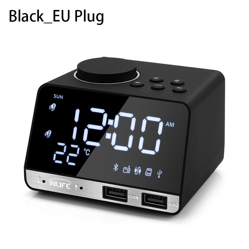 Bluetooth 4.2 Radio Alarm Clock Temperature Speaker With 2 USB Ports LED Digital Alarm Clock Snooze Table Clock Home Decor: Black EU Plug
