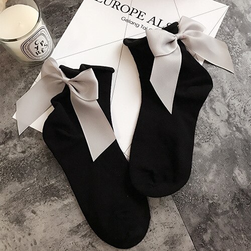Winter Autumn Spring Sweet Curl Cotton After The Heel Ribbon Big Bow Short Socks Wild Chaussette Female Herring Ankle Socks: Bow Socks black gray