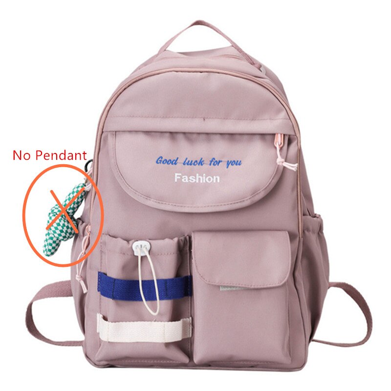 Fengdong teenage girls waterproof school backpack student high school bags female black notebook backpack girl large book bag: Pink-No Pendant