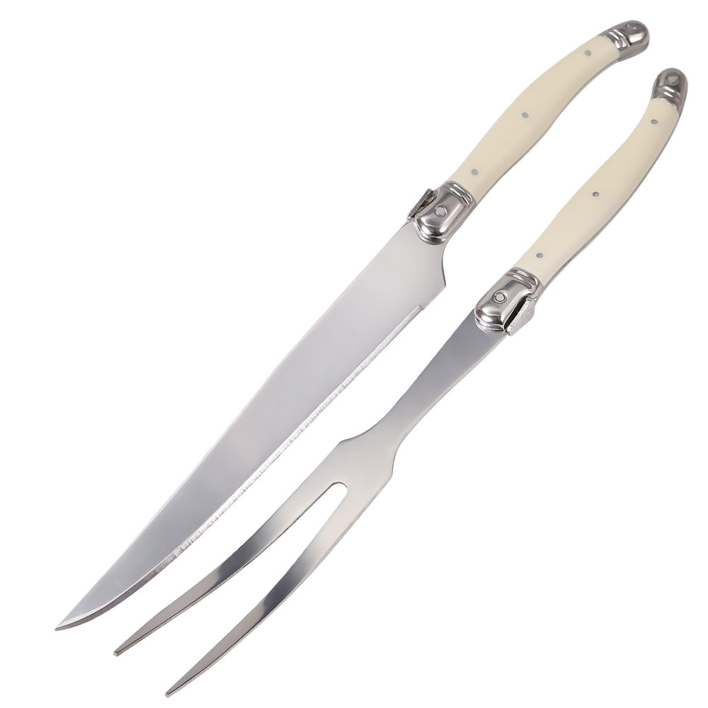 Juego de tenedor y cuchillo para tallar de acero inoxidable, parrilla para cortar barbacoa, herramientas para verduras, herramientas para servir ensalada, cuchillo de pavo, carne asada, tenedor: Rojo