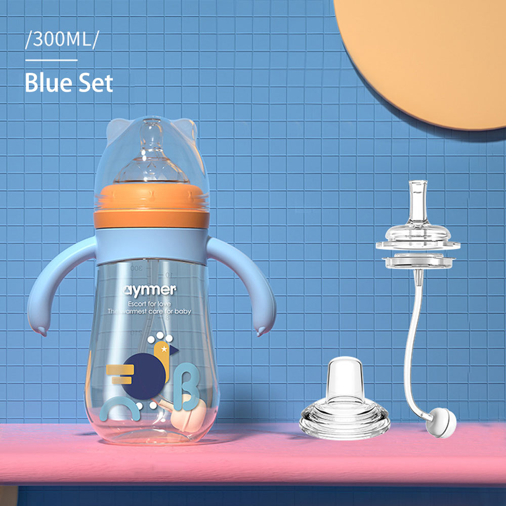 Biberon anti-fuite sans BPA pour bébé, gros calibre, bec de canard, eau, lait, PPSU, avec paille en Silicone: Blue Set 300ml