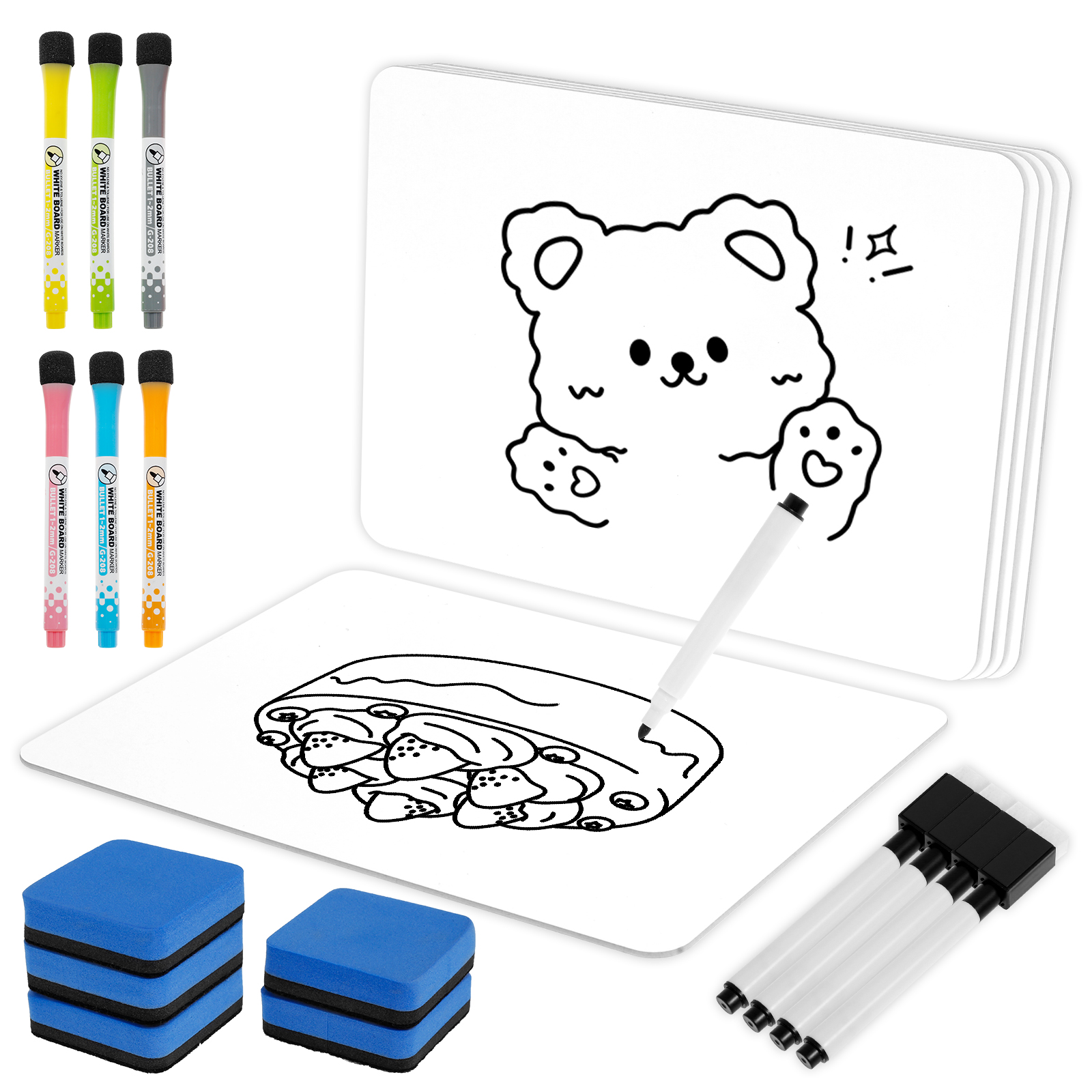 5-delig mini droog uitwisbaar bord, langdurig klein wit bord met marker en gum, dubbelzijdig droog uitwisbaar whiteboard voor kantoor