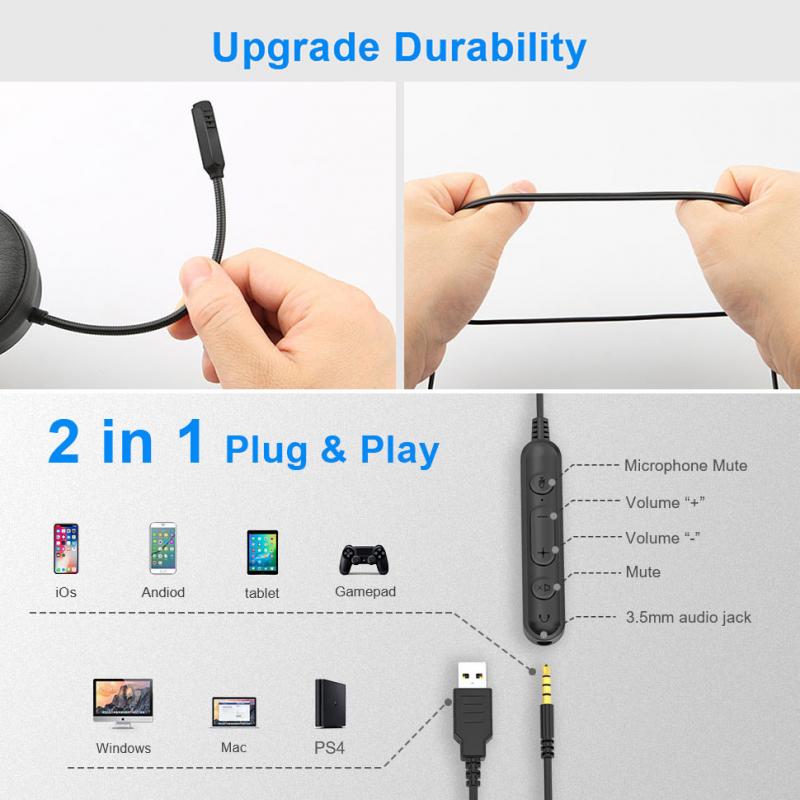 USB Headset With Microphone For PC 3.5mm Business Headsets With Mic Mute Noise Cancelling Call Center Headphones