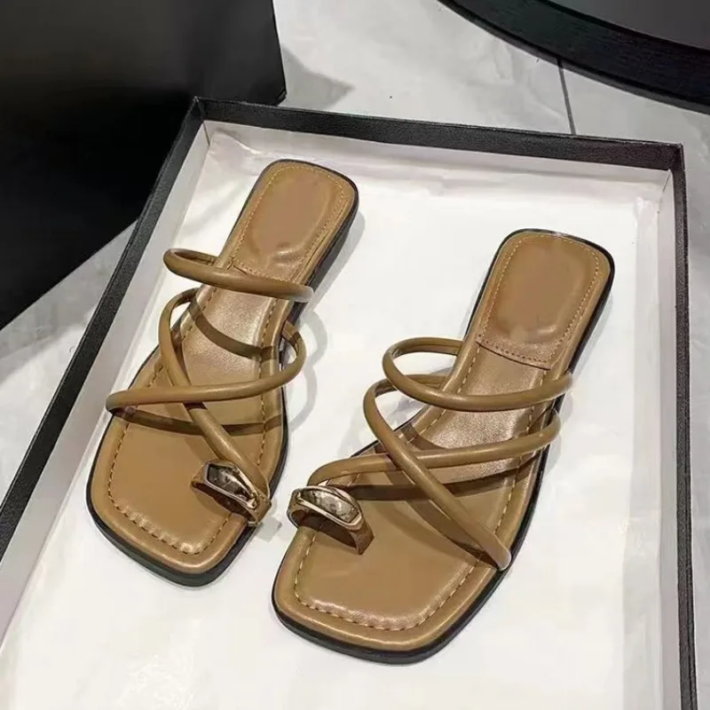 Sandalias romanas de tacón plano para mujer, zapatos de tacón bajo, calzado de Gladiador, Punta abierta, playa, verano, 2024: Caqui oscuro / 35