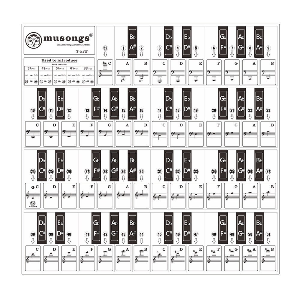 Piano Toetsenbord Stickers Voor 37/ 49/ 61/ 88 Toetsen Toetsenborden Met Muzikale Stave Voor Kinderen Beginners Piano leren Praktijk: WHITE