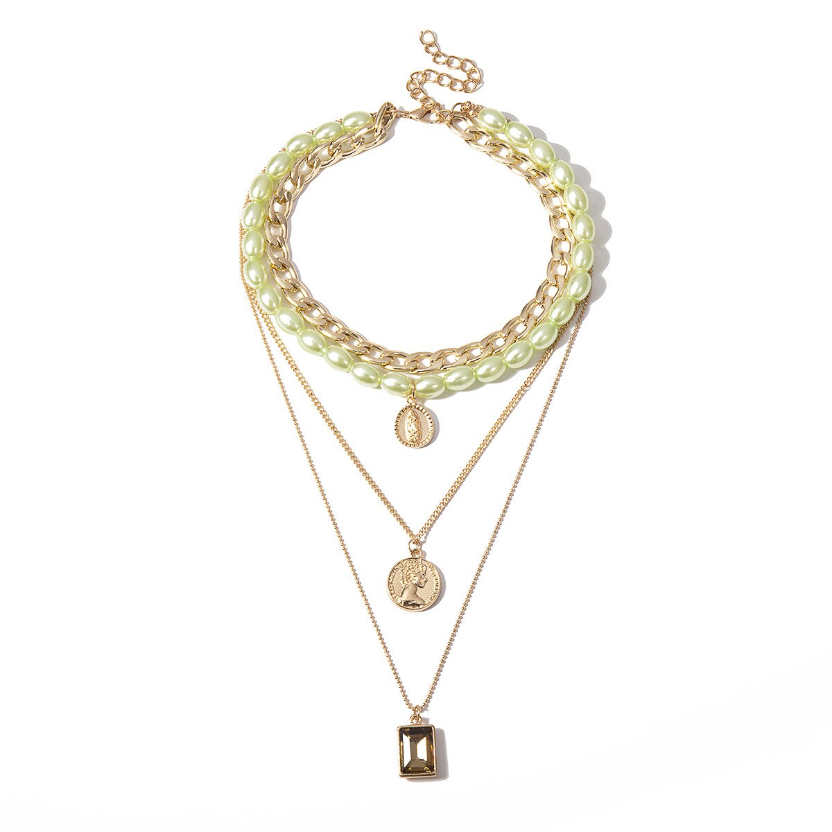 punk di Modo a Più Strati di Blocco Pendenti con Gemme E Perle Gotico Grande Cuore di Spessore Della Catena Girocollo Vintage ▾ Della Moneta Lungo Collane di Perle per Le Donne: 1137210