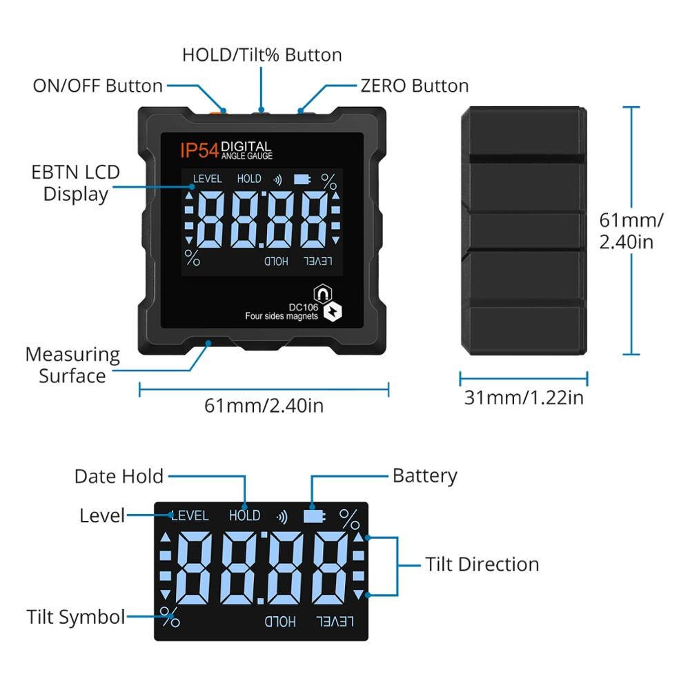 Proster 0-360° Digital Inclinometer Angle Gauge LCD Backlight Protractor Finder Bevel Level Box Waterproof with Magnetic Based