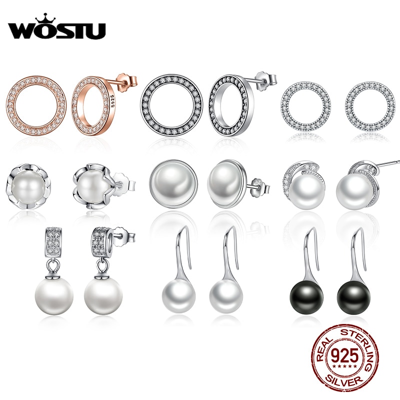 WOSTU 100% 925 Sterling Silver Lucky Forever Circular Stud Earrings For Women Authentic Original Jewelry
