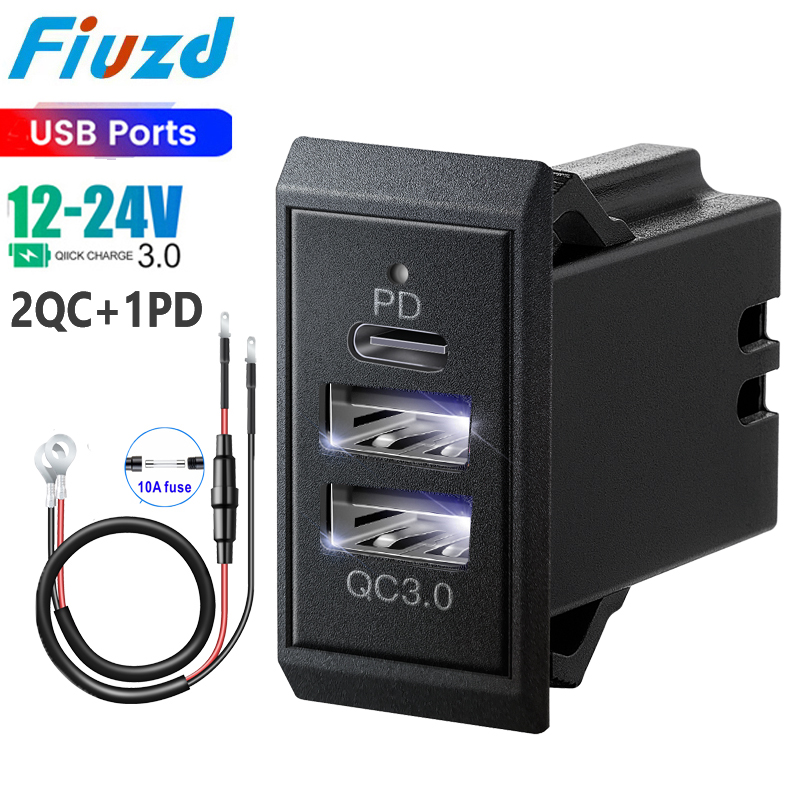 Adaptador de carga rápida, cargador de teléfono USB de 3 puertos en adaptador de cargador de coche para camión de 12V/24V, motocicleta, RV, barco marino