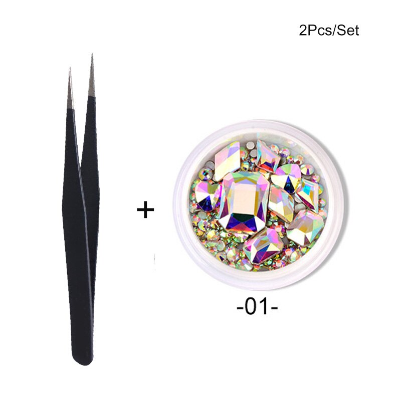1 Box Nail Strass Ab Kleur Platte Terug Bottom Bling Crystal Mixed Size Vorm Gems Kralen Kleurrijke 3D Nail Art decoraties: 2pcs-1