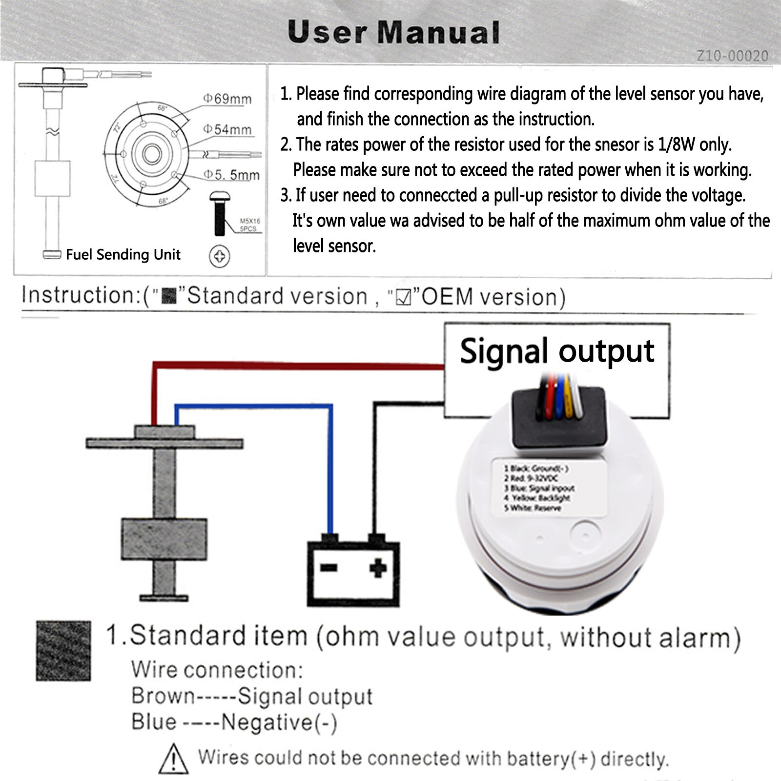 AD Digital Water Level Gauge 100-500mm Water level sensor 0-190ohm Fit Boat Car Fuel Level Gauge Meter with Red Backlight 9-32V