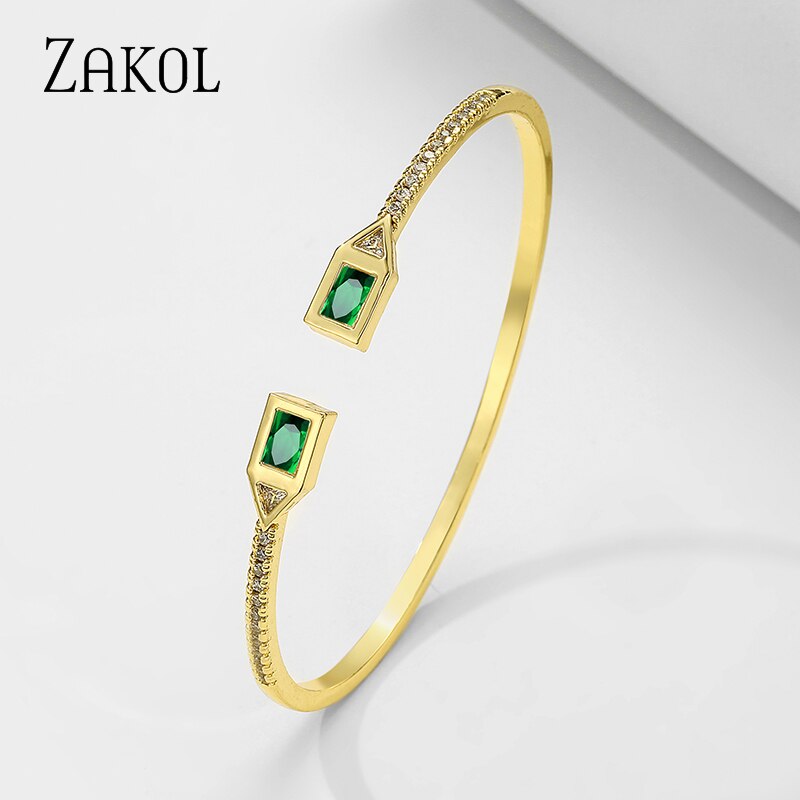 Zakol novo design de metal zircon aberto ajustável manguito pulseiras para mulher cobre menina festa jóias fsbp2212: Green Gold