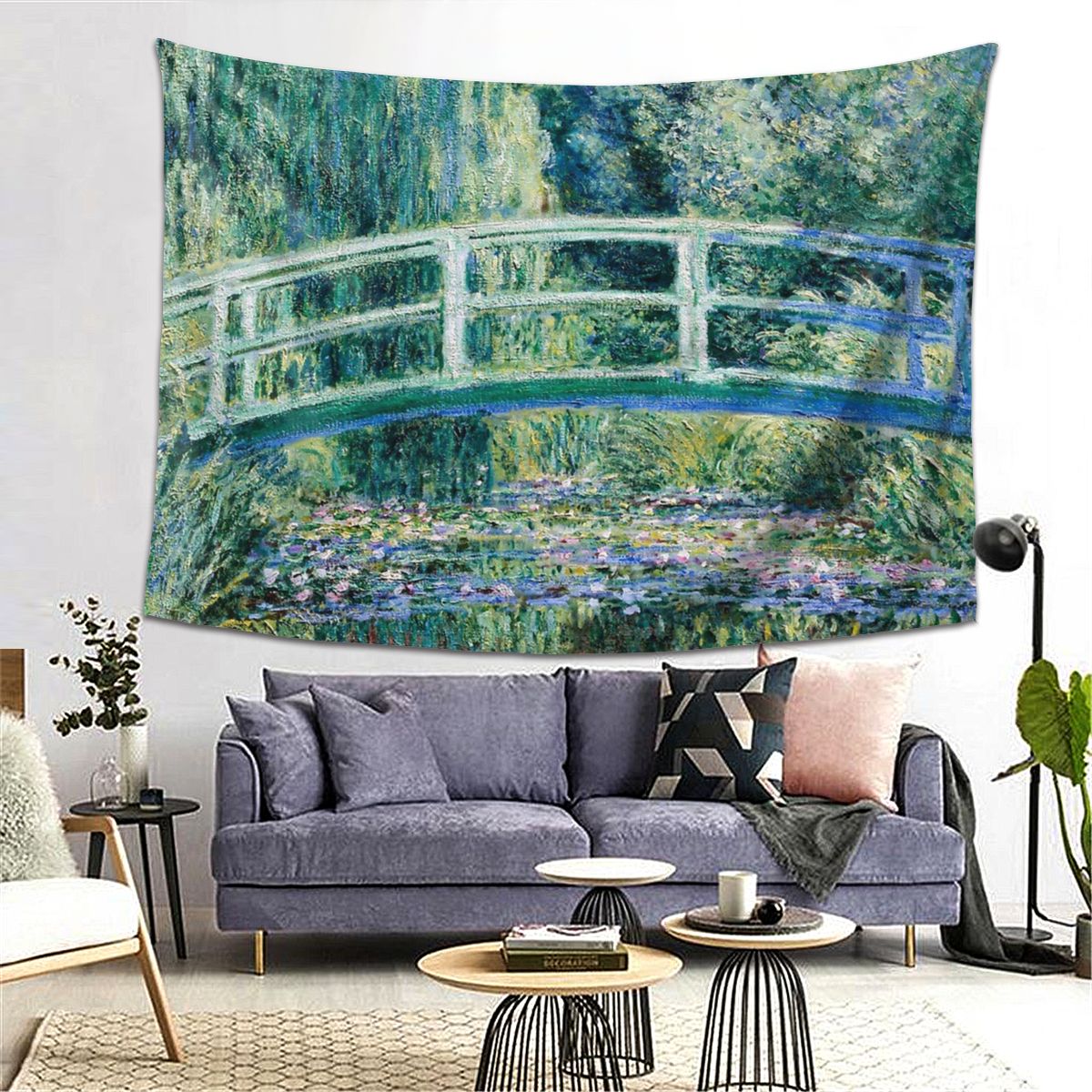 Water Lilies And Japanese Bridge Tapestry Wall Hanging Curtain Monet Art French Painting Wall Cloth Polyester Beach Mat Leisure: 152x130cm 60x51in