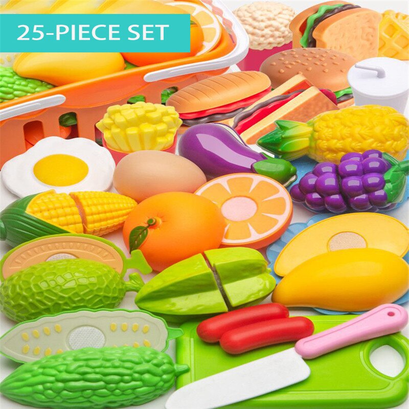 Kit de cocina de plástico para niños, juego de simulación de frutas y verduras, juguete educativo para cortar, de cumpleaños, 150 piezas: 25B-piece set