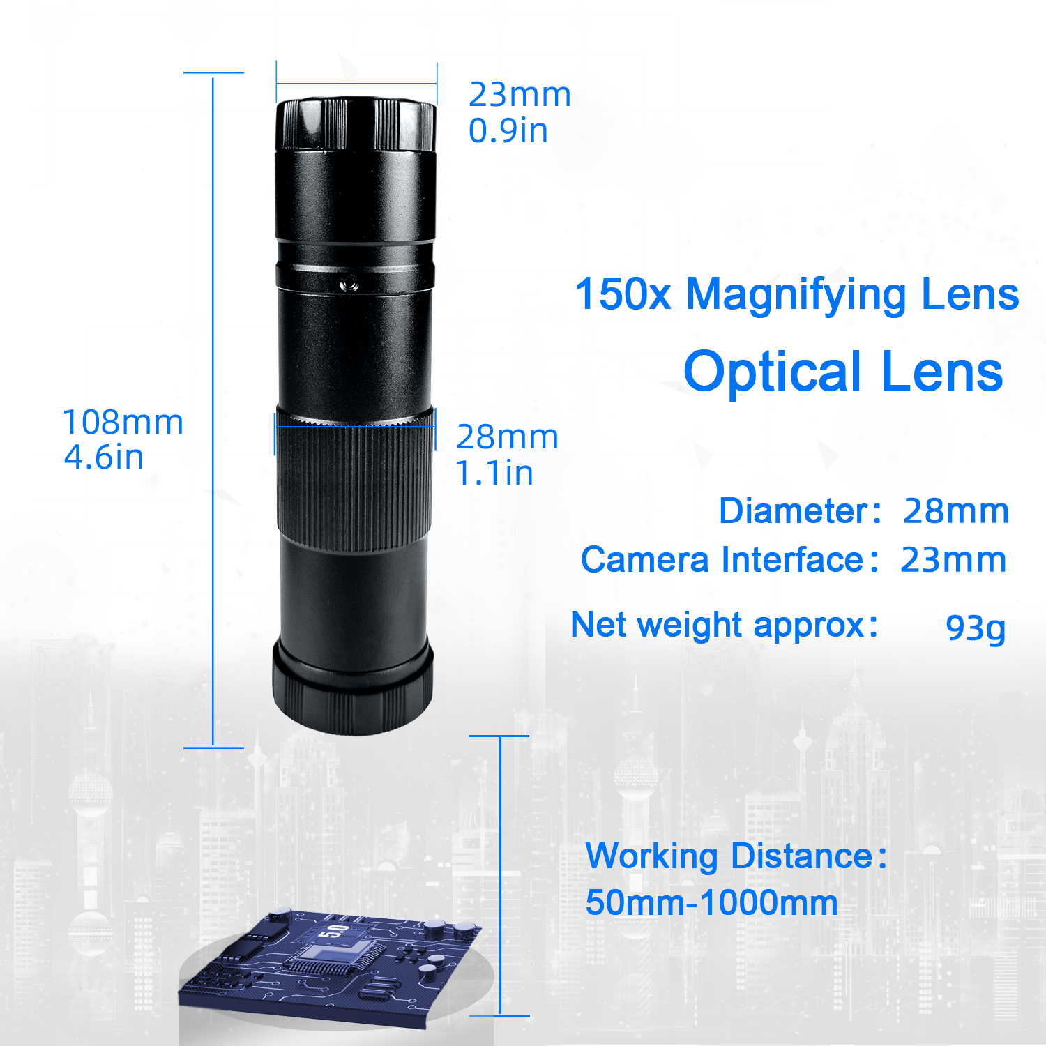 YIZHAN 0.5X Auxiliary Barlow Lens Objective 150X C-mount Zoom Lens 25mm Focus Field Of View 28/42/50mm Installation diameter