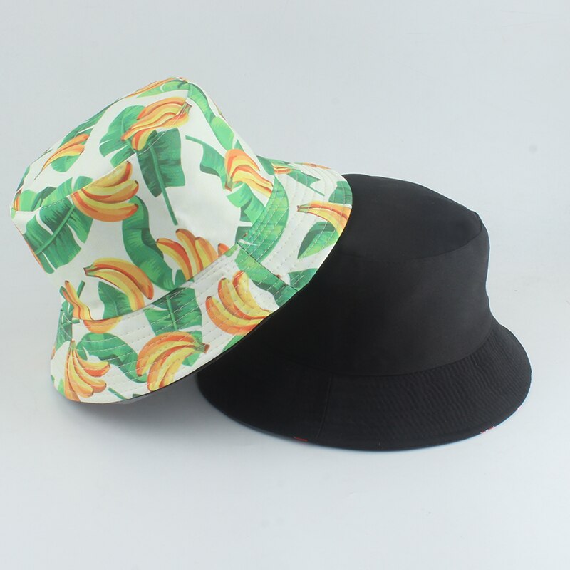 Summer Panama Hat For Women Fruit Mango Banana Pineapple Print Bucket Hat Men Reversible Fishing Fisherman Hats Hip Hop Caps: new banana white