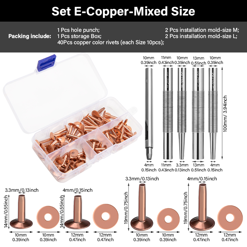 WUTA 43 Pcs Pure Copper Rivets and Burrs,4 Sizes Set Solid Brass Studs Setting Tool for Belts Wallets Collars Leather DIY Craft: Black Nickel