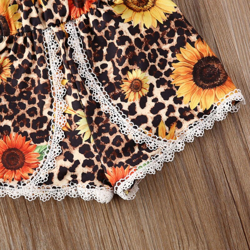 Imcute Brand Summer Toddler Baby Girls Clothes Kid Rompers Sunflower Leopard Print Off Shoulder Tassel Jumpsuits Bib Pants 6M-5Y