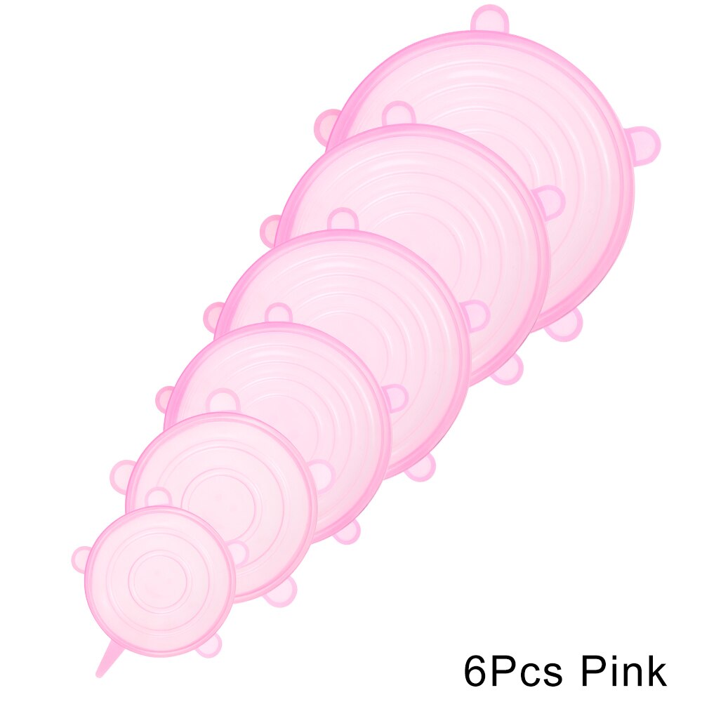6 stuks siliconen rekdeksels universele siliconen voedselfolie kom pot deksel siliconen deksel pan koken keuken accessoires magische gadgets: Roze