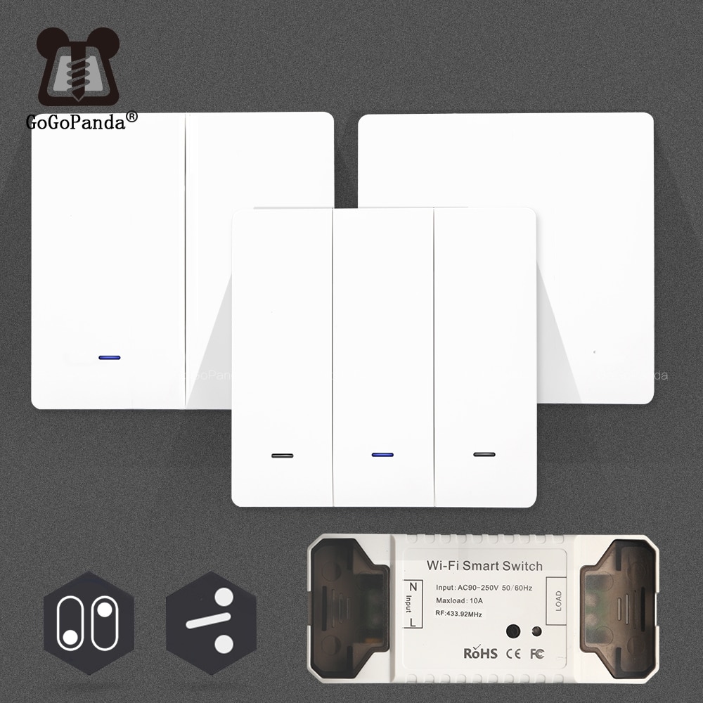 Smat 1/2/3 Gang Push Light Switch Wireless Control 110v 220v Receiver Panel Button Wall Lamp RF On/off Interrupter Device