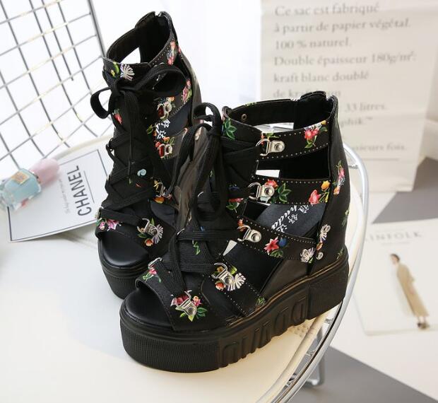 2020 schoenen dames sandalen zomer plateau sandalen wedges rits dikke bodem casual dames schoenen hoge hakken sandalen: Zwart / 36