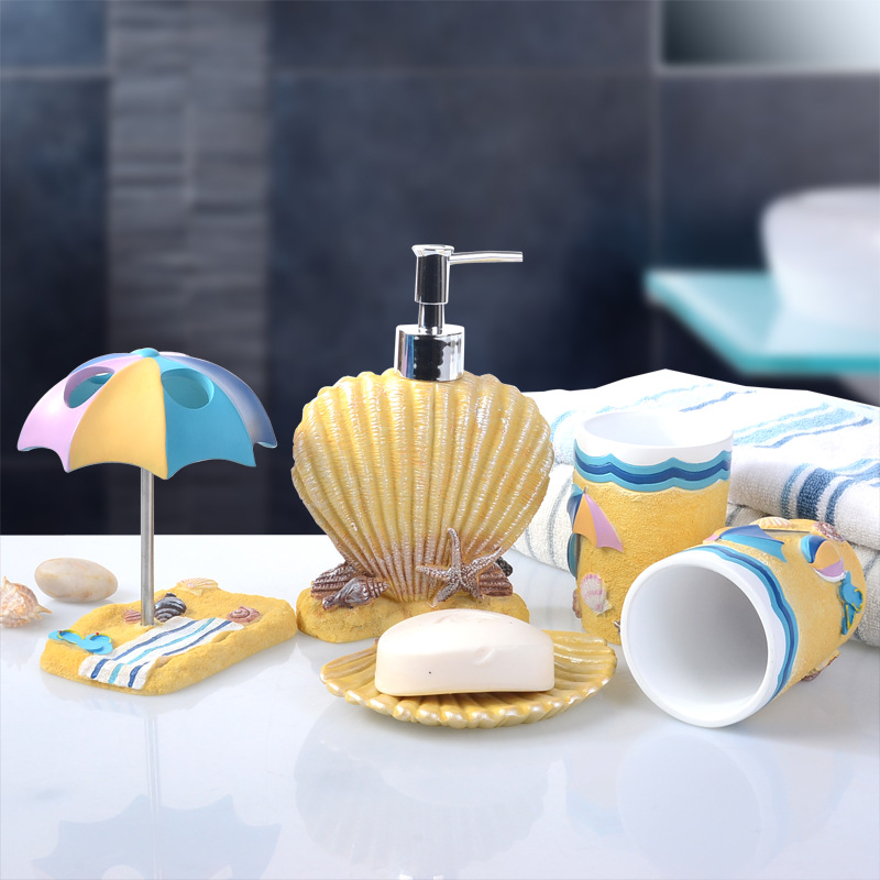 5Pcs/set Seabed Shells Exquisite Resin Bathroom Accessories Set Soap Dispenser/Toothbrush Holder/Tumbler/Soap Dish/Lotion bottle