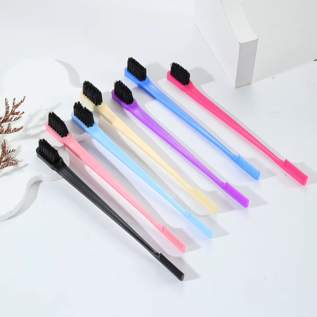 7 stk. antistatisk flerfarvet dobbeltsidet kantkam med hårbørste, tilbehør 2- i -1,, specielt til parykker med ægte hår