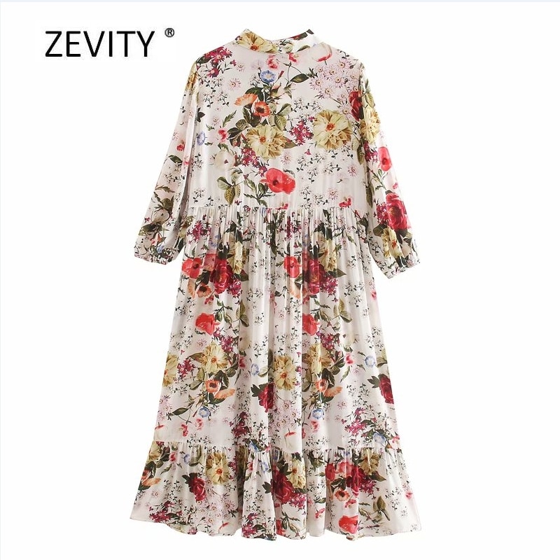 Kvinnor tropiskt blommönster ledig rak vestido midiklänning kvinnlig chic tre fjärdedels ärm fåll veck volangklänningar  ds4010