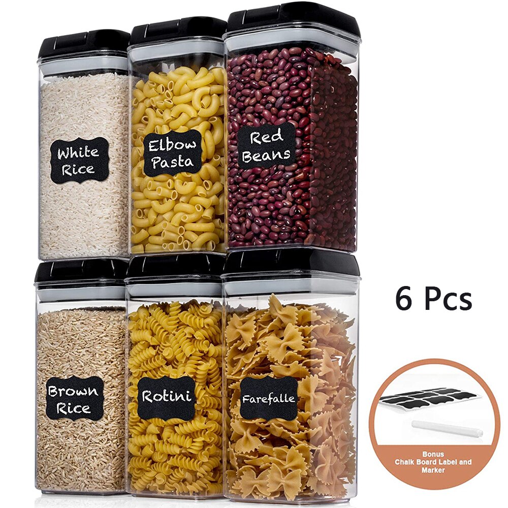Ensemble de 6 récipients hermétiques pour aliments, contenant en plastique pour aliments, pots de cuisine scellés pour multi-céréales, boîtes de conserve pour céréales en vrac: 1.2L Black 6-PCS
