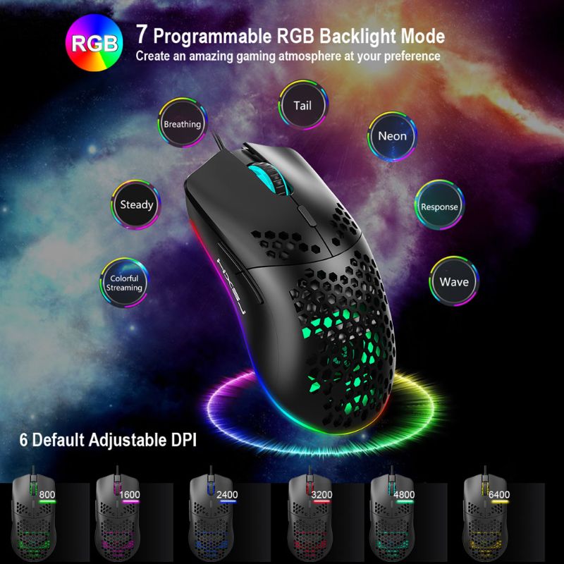 6400DPI Adjustable 6 Buttons Gamer USB Wired Honeycomb Hollow Mouse Hollow-out RGB Gaming Mice for Desktop PC Laptop