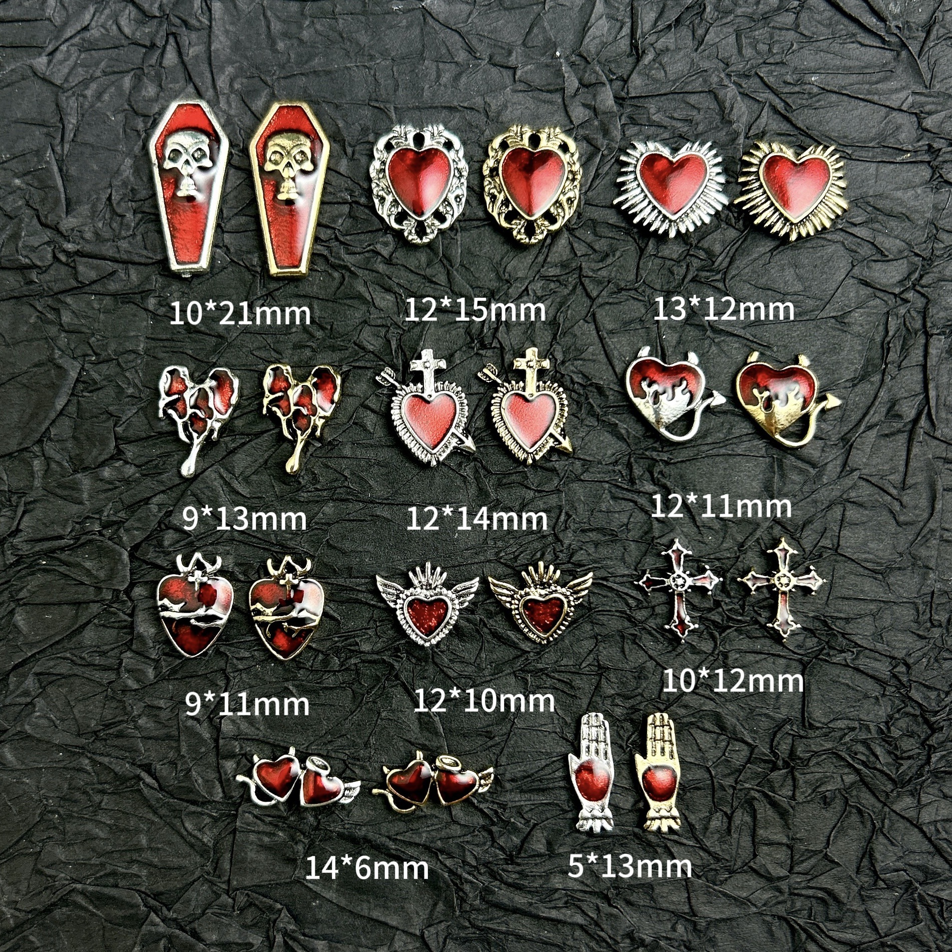 Nuevos dijes de aleación Retro para uñas con forma de corazón, Cruz de Metal 3D, calavera, prensa francesa, accesorios de decoración para uñas, manualidades DIY Y2K