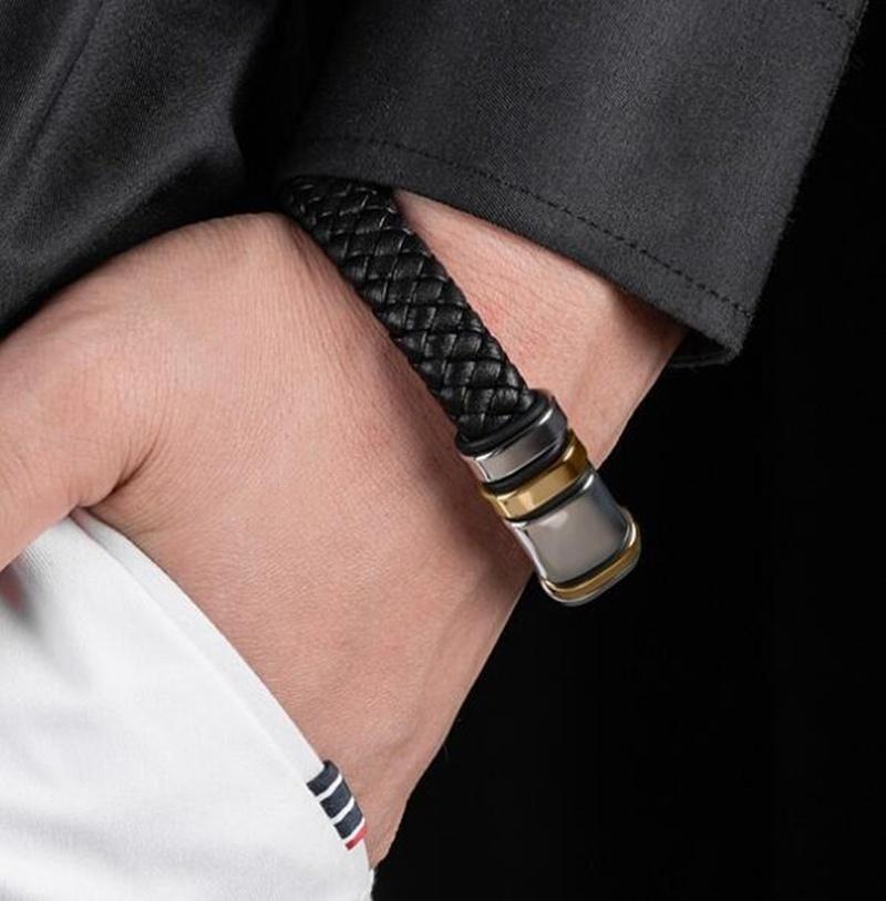Trend preto tecido couro envolto pulseira metal fecho magnético para homem jóias casuais