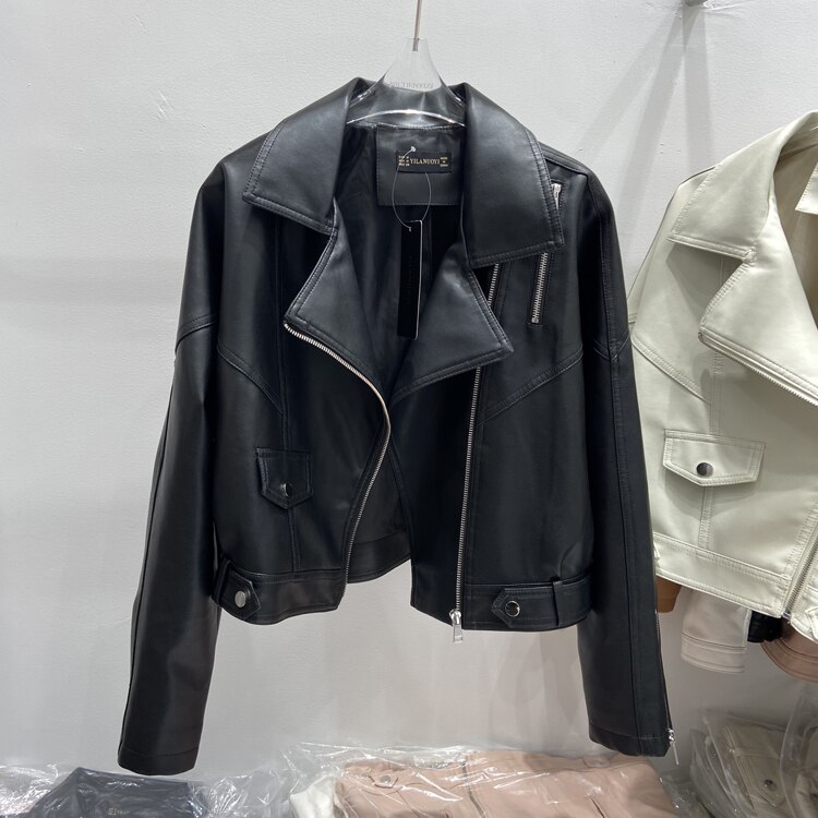FTLZZ-Chaqueta corta de cuero sintético para mujer, ropa informal suelta para Moto, prendas de vestir de piel sintética suave, primavera y otoño: Negro / S