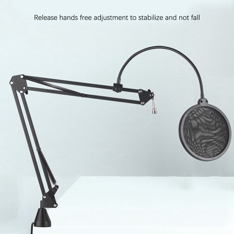 Microphone Holder Adjustable Metal Suspension Arm Scissor Arm Holder with Microphone Holder Mounting Clip
