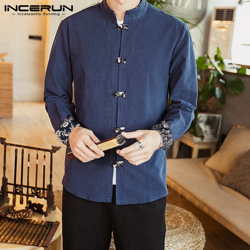 Incerun vintage heren overhemd katoen lange mouw effen mandarijn kraag streetwear camisa chinees traditioneel casual heren overhemd