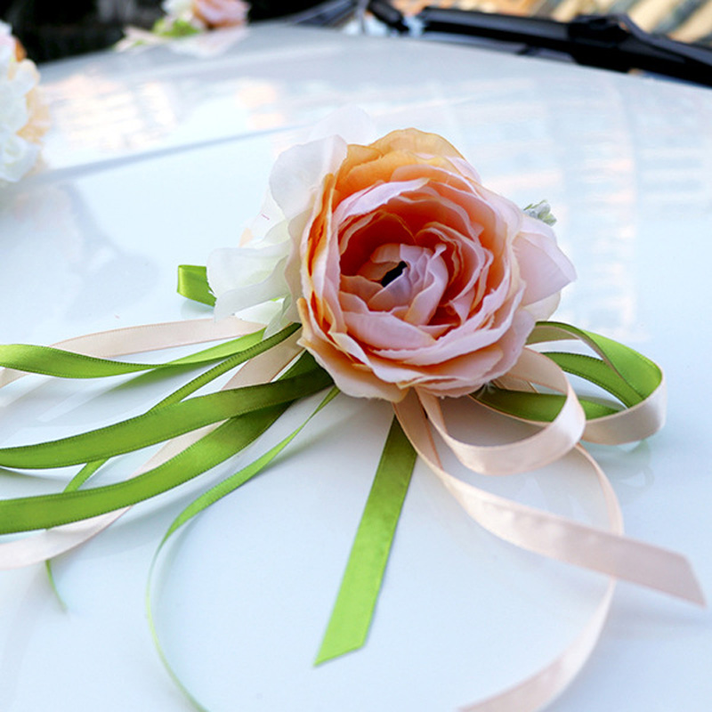 Bridal Auto Spiegel Deur Decoratie Zijden Lint Bloem Bruiloft Kunstbloemen HG99: Beige