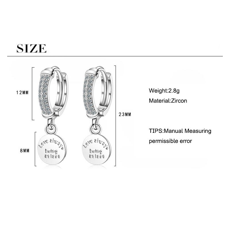 ANENJERY Silver Color Round Disc English Letters Hoop Earrings Sparkling Cubic Zircon Earring S-E1079