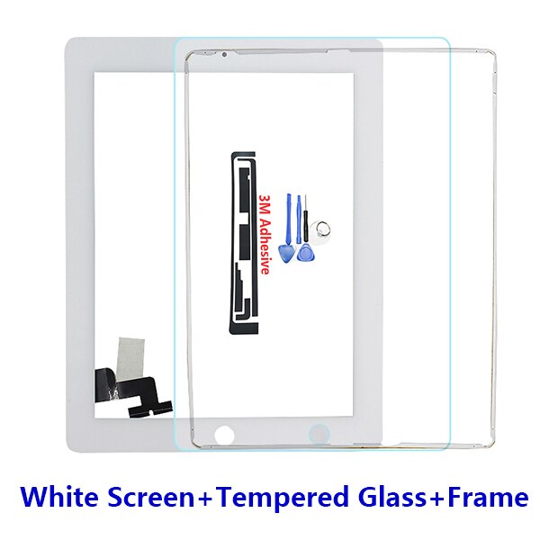 Tablet Touch Screen for iPad2 A1395 A1396 A1397 Digitizer Front Pane Replacement Touchscreen + Tempered Glass Middle Frame: White Glass Frame