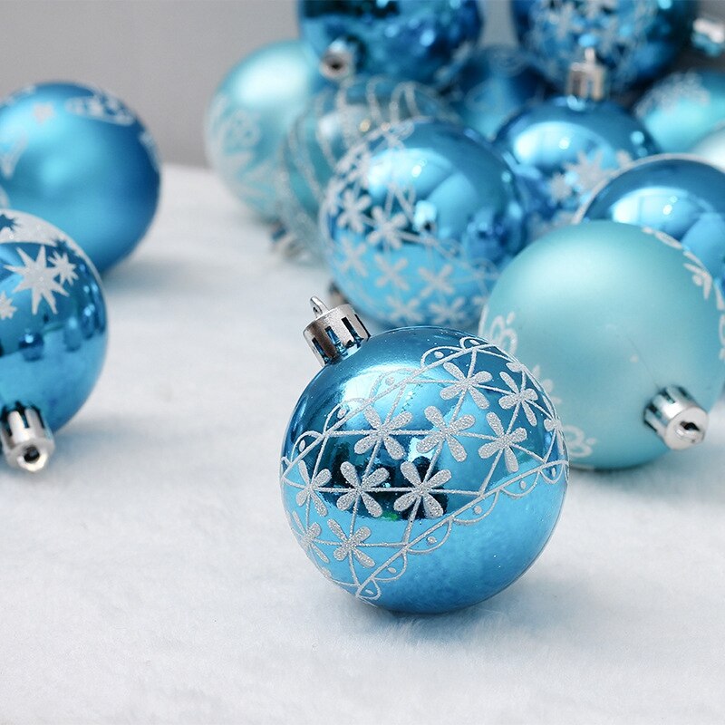 24 stuks 6cm blauwe kerstballen met tekening, kerstboom hangende baldecoratie, boombalornamenten voor kerstfeestbenodigdheden, decoratie