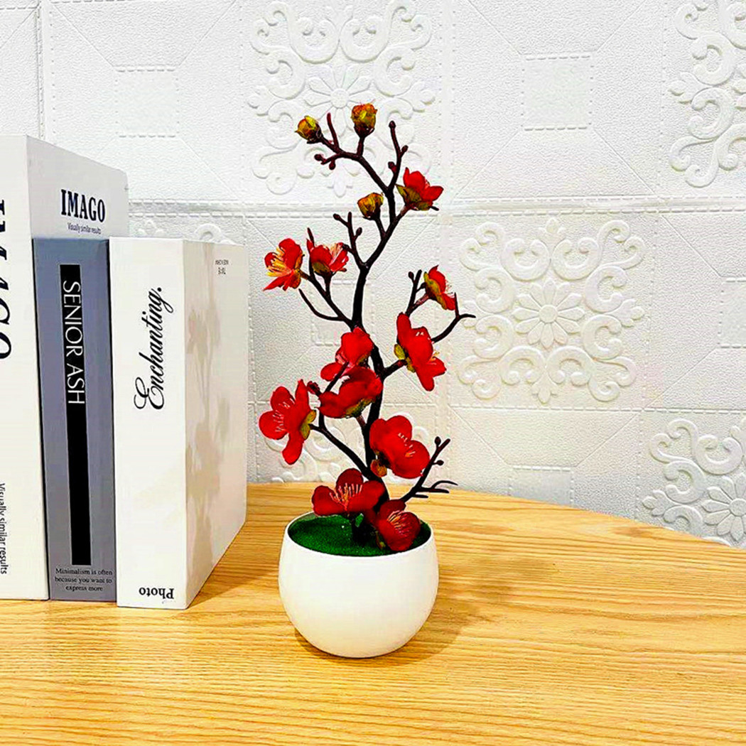 1 stk. bonsai silkeblomster blomme kunstige potteplanter blomster simulering vinter blommegren vaser bryllup hjem værelse dekoration: Rød